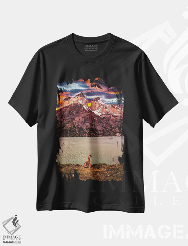 تیشرت طرح دار غروب تماشایی کوهستانی توریس دل پاین، پاتاگونیا، شیلی، مدیوم اثر الکس جی پرز | فروشگاه ایماژ
