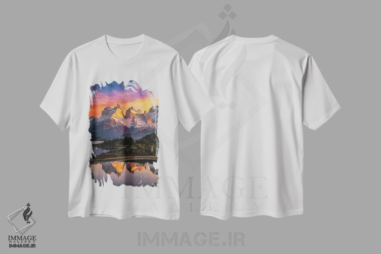 تیشرت طرح دار غروب تماشایی کوهستانی توریس دل پاین، پاتاگونیا، شیلی، مدیوم اثر الکس جی پرز | immage.ir