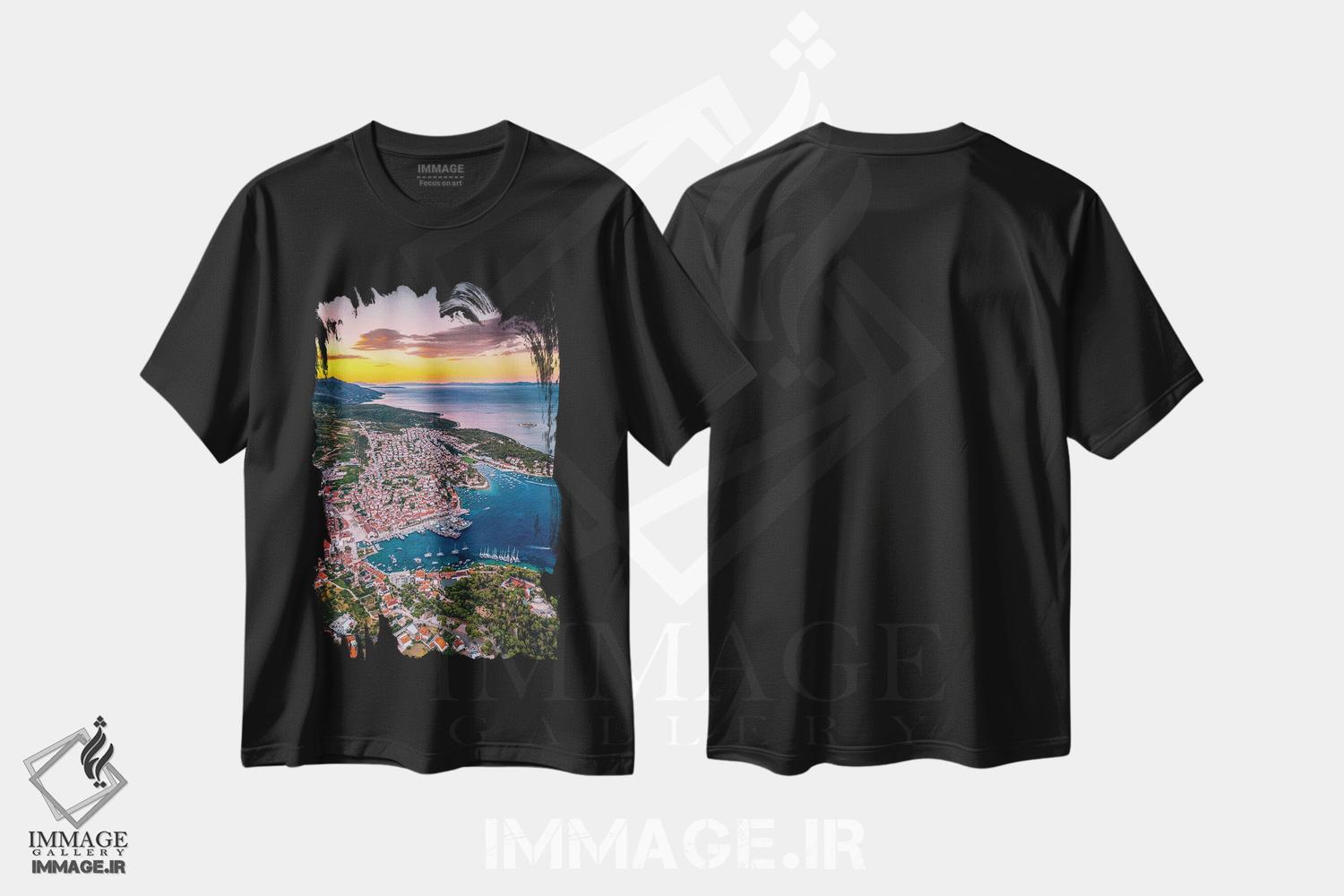 تیشرت طرح دار غروب شهر کوچک هوار از نمای بالا، مدیوم اثر الکس جی پرز | فروشگاه ایماژ