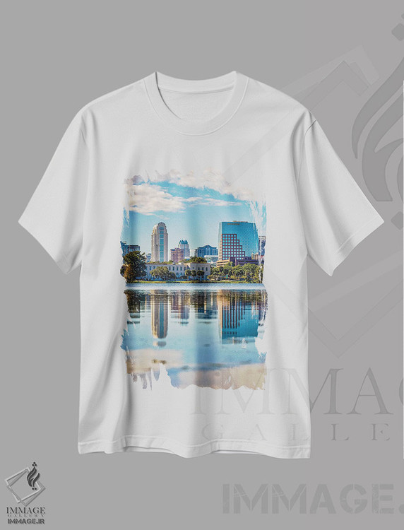 تیشرت طرح دار نمای افقی مرکز شهر اورلاندو فلوریدا و دریاچه، مدیوم اثر الکس جی پرز | immage.ir
