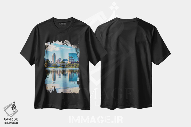 تیشرت طرح دار نمای افقی مرکز شهر اورلاندو فلوریدا و دریاچه، مدیوم اثر الکس جی پرز | فروشگاه ایماژ