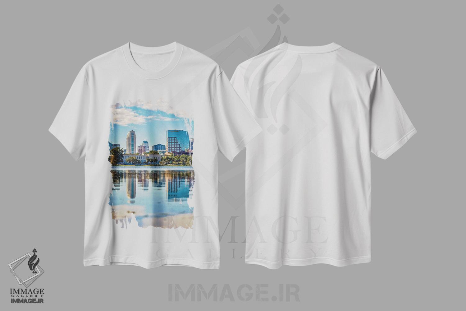 تیشرت طرح دار نمای افقی مرکز شهر اورلاندو فلوریدا و دریاچه، مدیوم اثر الکس جی پرز | immage.ir