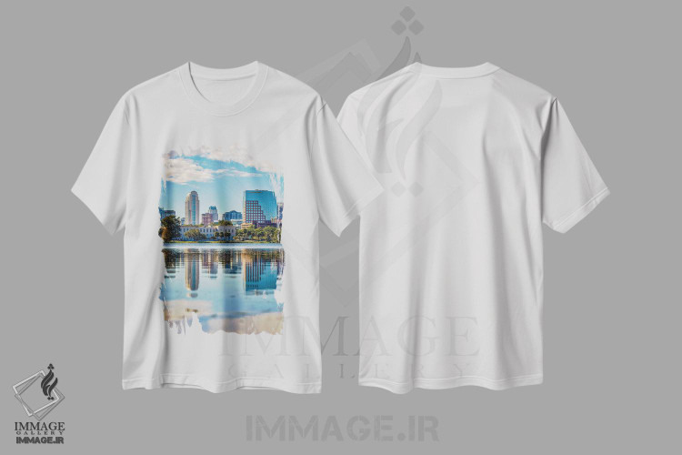 تیشرت طرح دار نمای افقی مرکز شهر اورلاندو فلوریدا و دریاچه، مدیوم اثر الکس جی پرز | immage.ir