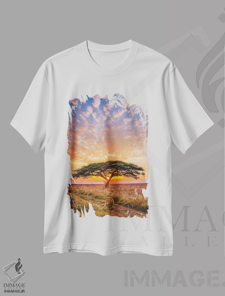 تیشرت طرح دار غروب سافاری آفریقا با پرتره شیر، مدیوم اثر الکس جی پرز | immage.ir