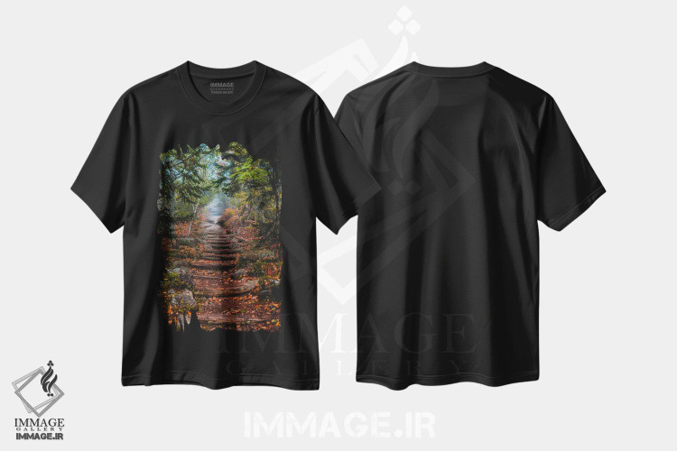 تیشرت طرح دار مسیر پیاده روی میان درختان پاییزی، مدیوم اثر الکس جی پرز | فروشگاه ایماژ