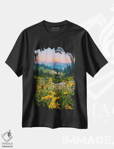 تیشرت طرح دار طلوع آفتاب و گل های وحشی کوه رینیر، مدیوم اثر الکس جی پرز | فروشگاه ایماژ