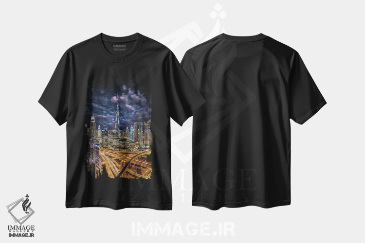 تیشرت طرح دار نمای شهری برج خلیفه دبی در شب پرستاره، مدیوم اثر الکس جی پرز | فروشگاه ایماژ