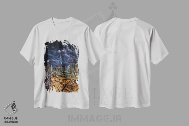 تیشرت طرح دار نمای شهری برج خلیفه دبی در شب پرستاره، مدیوم اثر الکس جی پرز | immage.ir