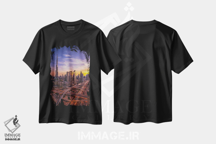 تیشرت طرح دار نمای شهری برج خلیفه دبی در غروب آفتاب I، مدیوم اثر الکس جی پرز | فروشگاه ایماژ