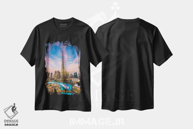 تیشرت طرح دار نمای شهری برج خلیفه دبی در غروب آفتاب II، مدیوم اثر الکس جی پرز | فروشگاه ایماژ