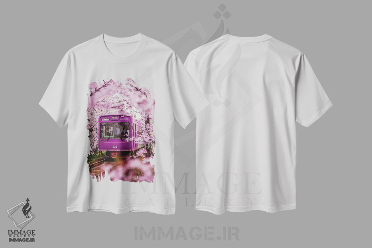 تیشرت طرح دار قطار محلی در شکوفه های گیلاس ژاپن II، مدیوم اثر الکس جی پرز | immage.ir