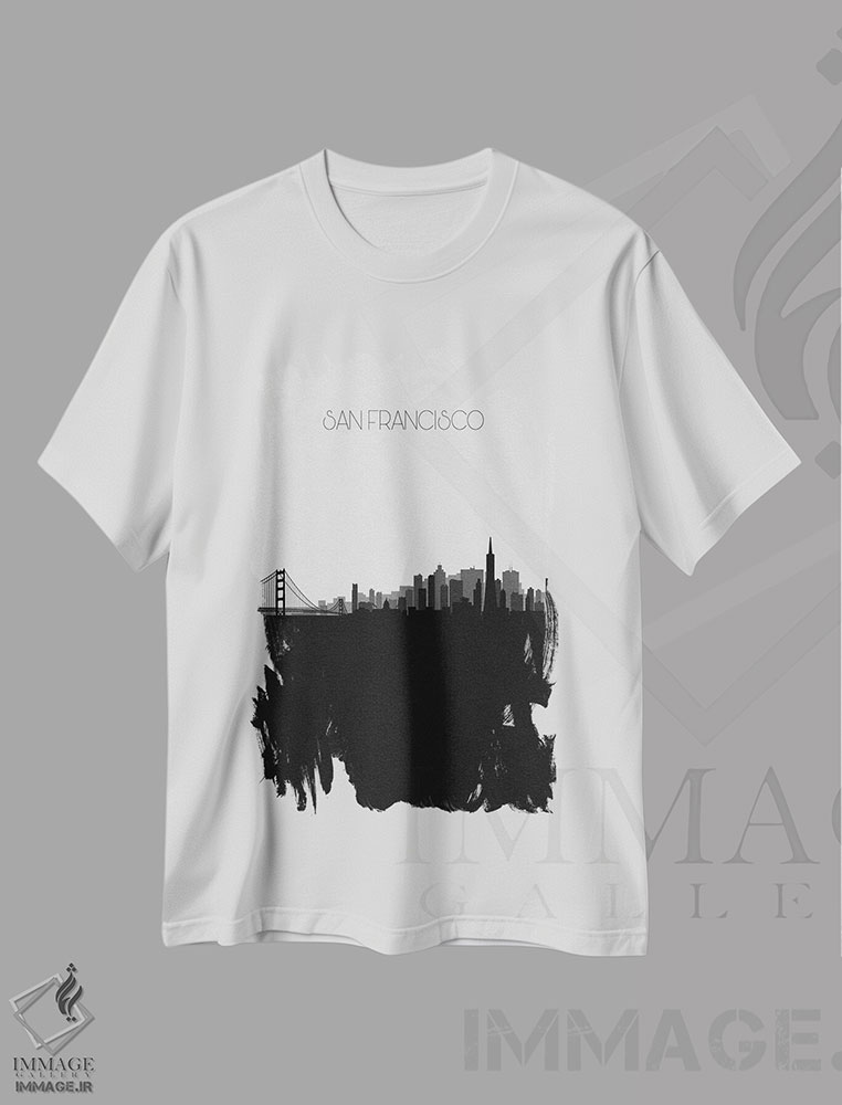 تیشرت طرح دار منظرهٔ افق سان فرانسیسکو، هنر دیجیتال سیاه و سفید اثر آیشه دنیز آکِرمان | فروشگاه ایماژ