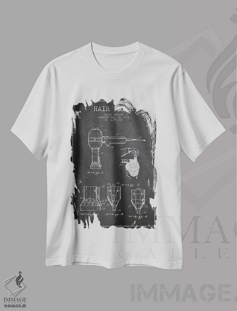 تیشرت طرح دار نقشهٔ ثبت اختراع سشوار، وینتیج و رترو اثر پیکسل کهنه | فروشگاه ایماژ