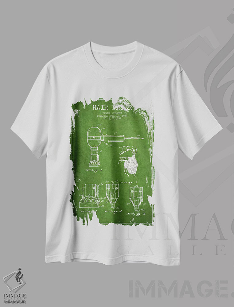 تیشرت طرح دار نقشهٔ ثبت اختراع سشوار، وینتیج و رترو اثر پیکسل کهنه | immage.ir