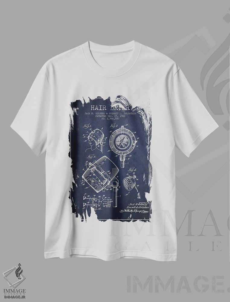 تیشرت طرح دار نقشهٔ ثبت اختراع سشوار صدادار، وینتیج و رترو اثر پیکسل کهنه | immage.ir
