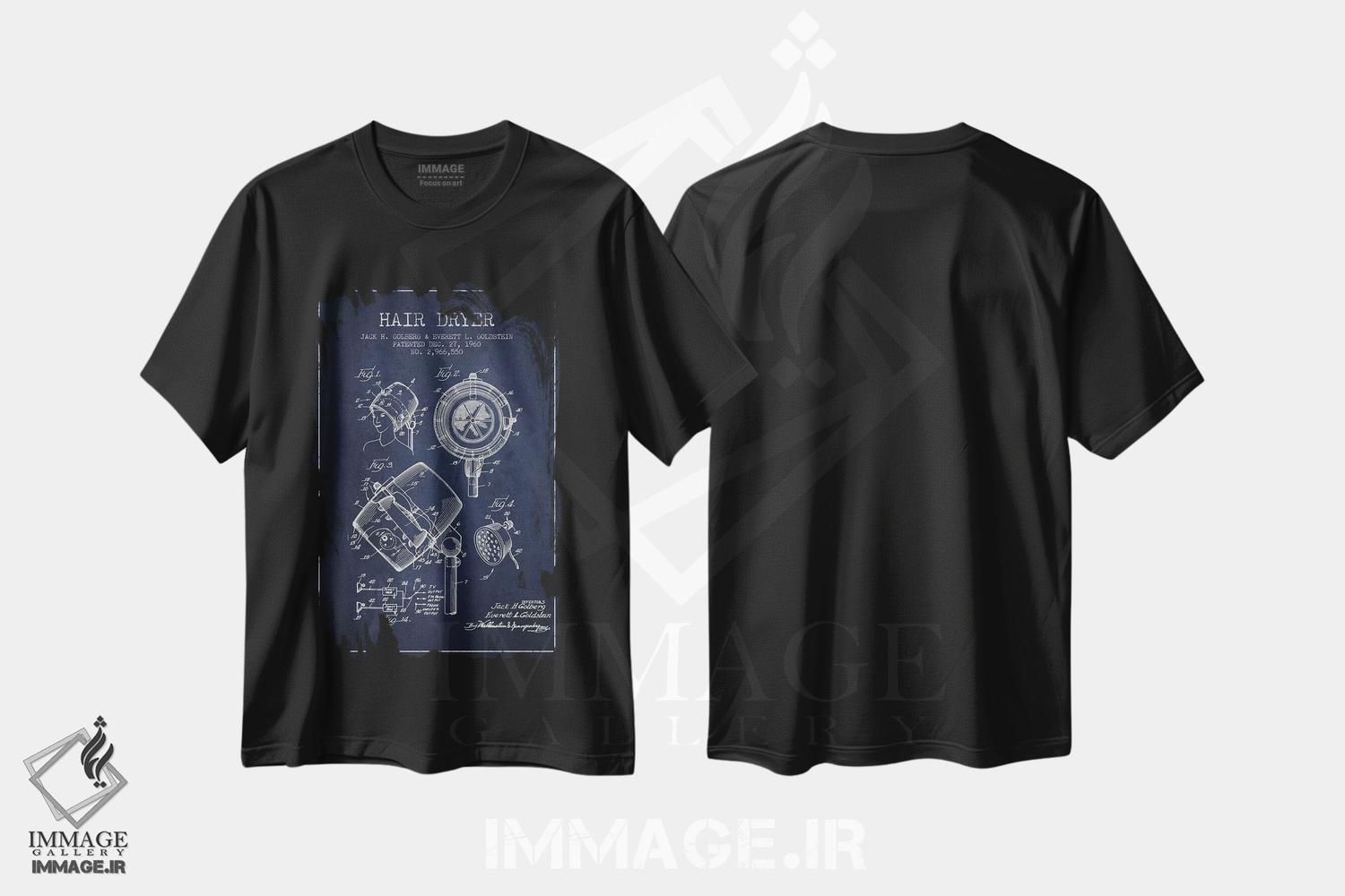 تیشرت طرح دار نقشهٔ ثبت اختراع سشوار صدادار، وینتیج و رترو اثر پیکسل کهنه | فروشگاه ایماژ