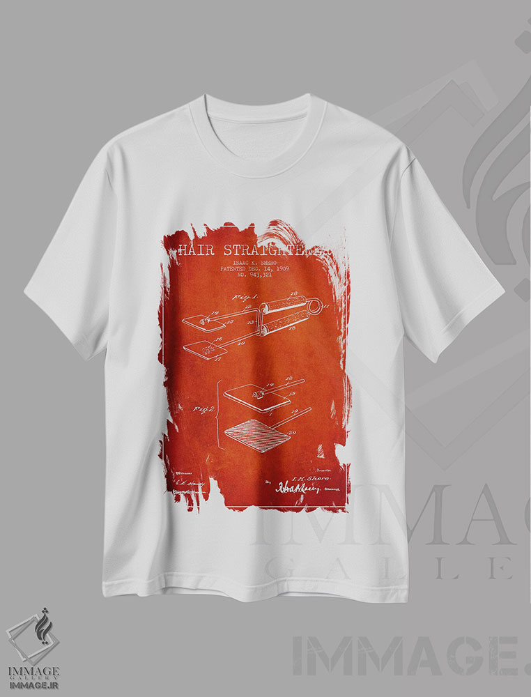 تیشرت طرح دار طرح حق ثبت اختراع اتو مو قرمز، وینتیج و رترو اثر پیکسل کهنه | immage.ir