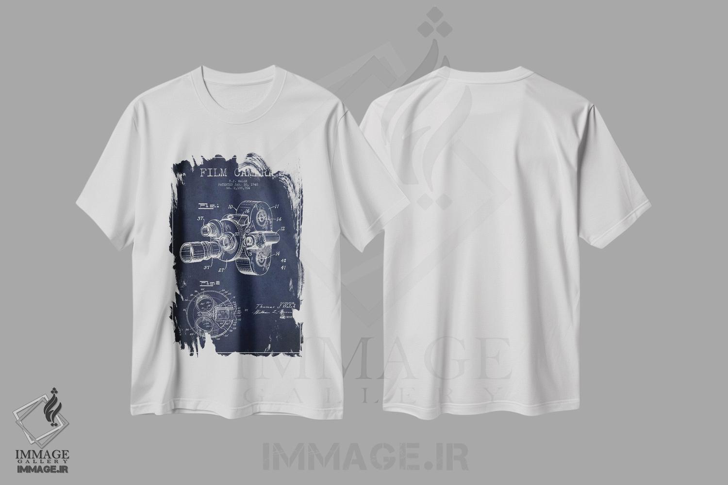 تیشرت طرح دار نقشهٔ ثبت اختراع دوربین، وینتیج و رترو اثر پیکسل کهنه | immage.ir