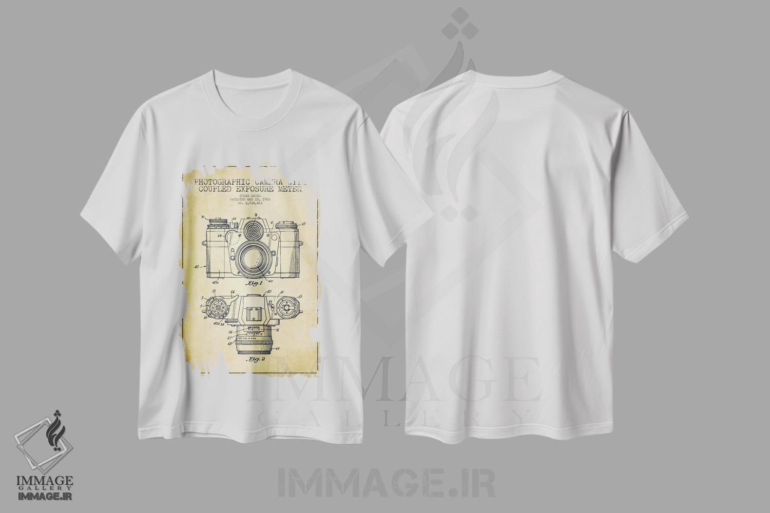 تیشرت طرح دار نقشهٔ ثبت اختراع دوربین، وینتیج و رترو اثر پیکسل کهنه | فروشگاه ایماژ