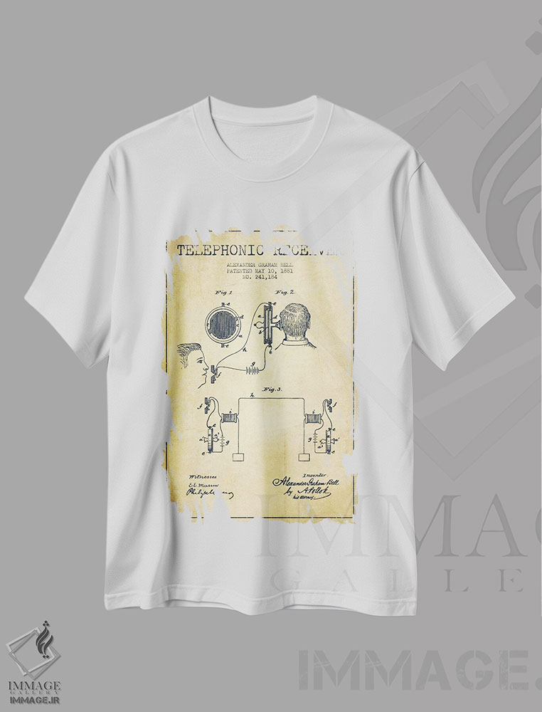 تیشرت طرح دار نقشهٔ اختراع گیرنده تلفنی، وینتیج و رترو اثر پیکسل کهنه | immage.ir
