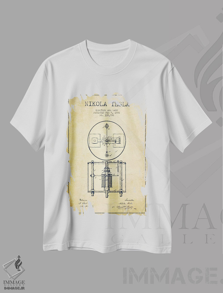 تیشرت طرح دار نقشهٔ اختراع چراغ قوس تسلا، وینتیج و رترو اثر پیکسل کهنه | فروشگاه ایماژ
