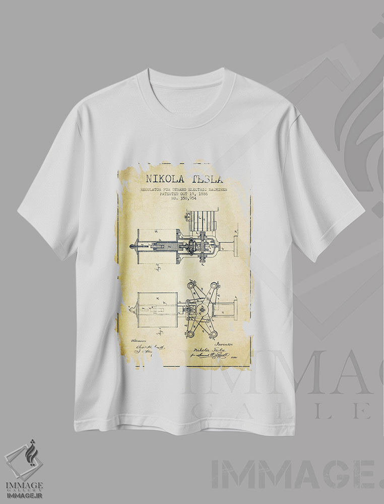 تیشرت طرح دار نقشهٔ اختراع تنظیم کننده تسلا، وینتیج و رترو اثر پیکسل کهنه | فروشگاه ایماژ