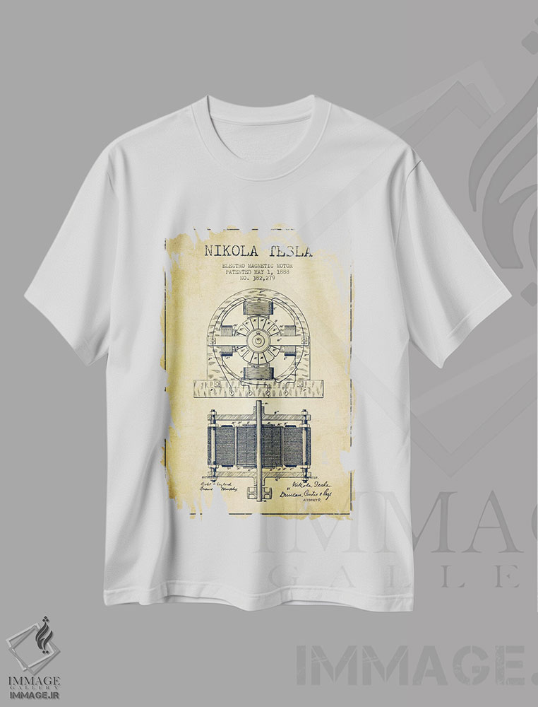 تیشرت طرح دار نقشهٔ اختراع الکتروموتور، وینتیج و رترو اثر پیکسل کهنه | immage.ir