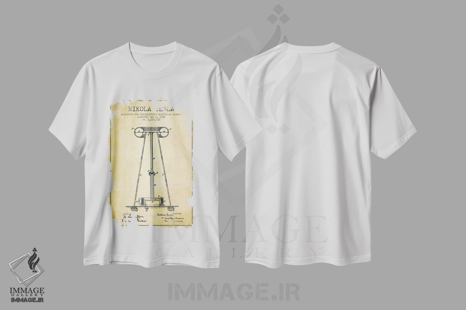 تیشرت طرح دار نقشهٔ اختراع دستگاه انرژی تسلا، وینتیج و رترو اثر پیکسل کهنه | immage.ir