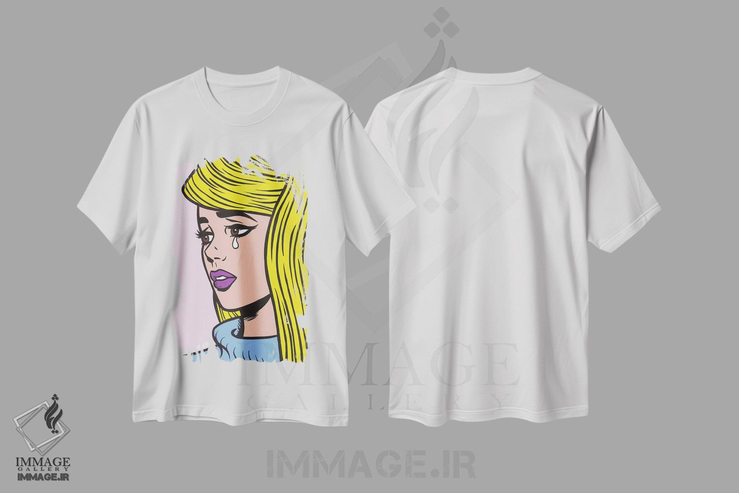تیشرت طرح دار دختر بلوند گریان، هنر فاخر معاصر اثر آلیسون گاتچل | immage.ir