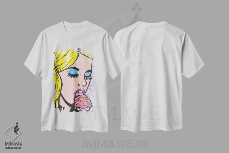تیشرت طرح دار دختر بستنی خور بلوند، هنر فاخر معاصر اثر آلیسون گاتچل | immage.ir