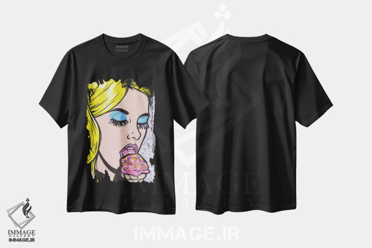 تیشرت طرح دار دختر بستنی خور بلوند، هنر فاخر معاصر اثر آلیسون گاتچل | فروشگاه ایماژ