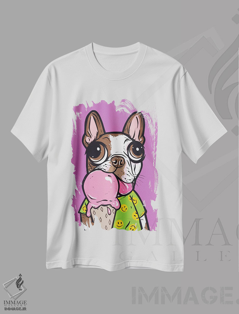 تیشرت طرح دار بوستون تریر قهوه ای و بستنی، هنر فاخر معاصر اثر آلیسون گاتچل | immage.ir