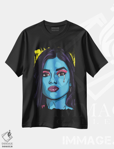 تیشرت طرح دار دختر کمیک گریان با موهای آبی، هنر فاخر معاصر اثر آلیسون گاتچل | فروشگاه ایماژ
