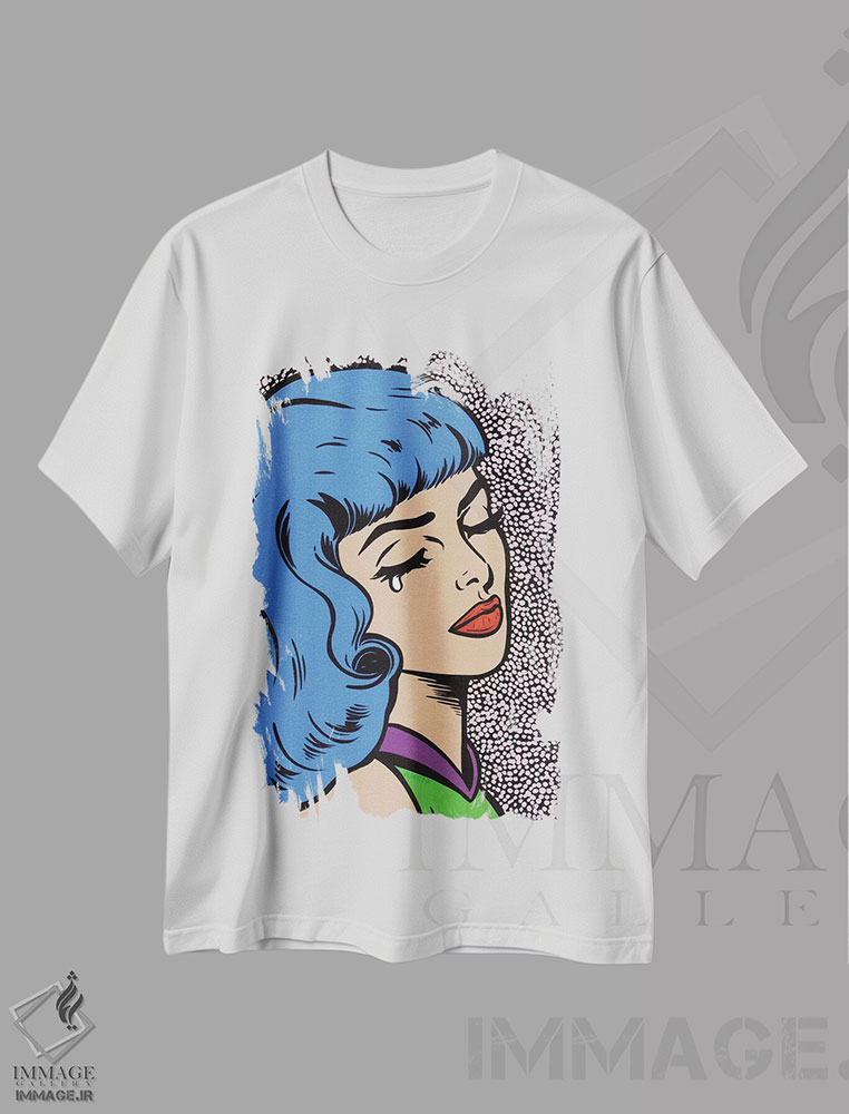 تیشرت طرح دار دختر گریان با موهای آبی، هنر فاخر معاصر اثر آلیسون گاتچل | immage.ir