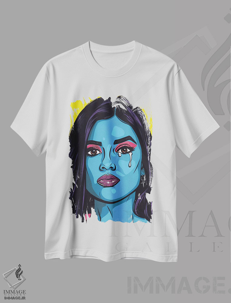تیشرت طرح دار دختر کمیک گریان با موهای آبی، هنر فاخر معاصر اثر آلیسون گاتچل | immage.ir