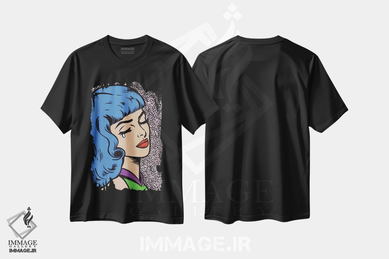 تیشرت طرح دار دختر گریان با موهای آبی، هنر فاخر معاصر اثر آلیسون گاتچل | فروشگاه ایماژ