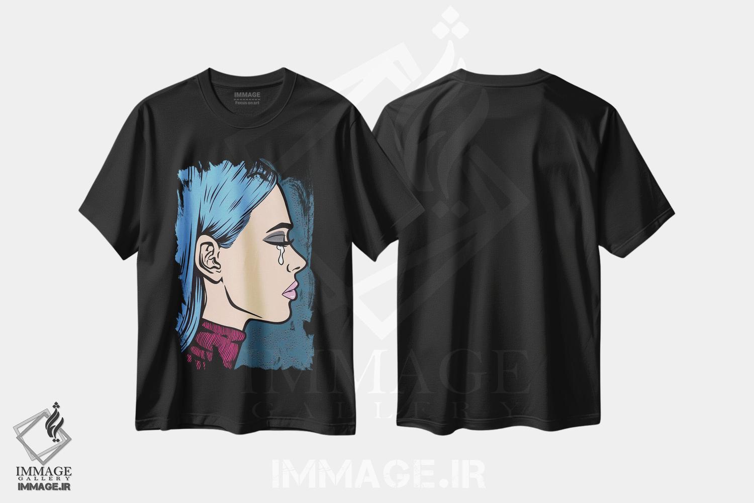 تیشرت طرح دار دختر غمگین با یقه اسکی آبی، هنر فاخر معاصر اثر آلیسون گاتچل | فروشگاه ایماژ