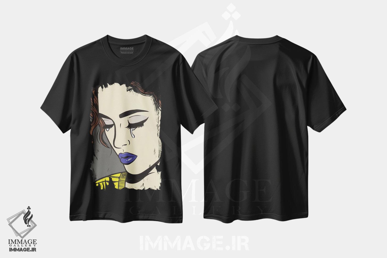 تیشرت طرح دار دختر کمیک گریان با موهای قهوه ای تیره، هنر فاخر معاصر اثر آلیسون گاتچل | فروشگاه ایماژ