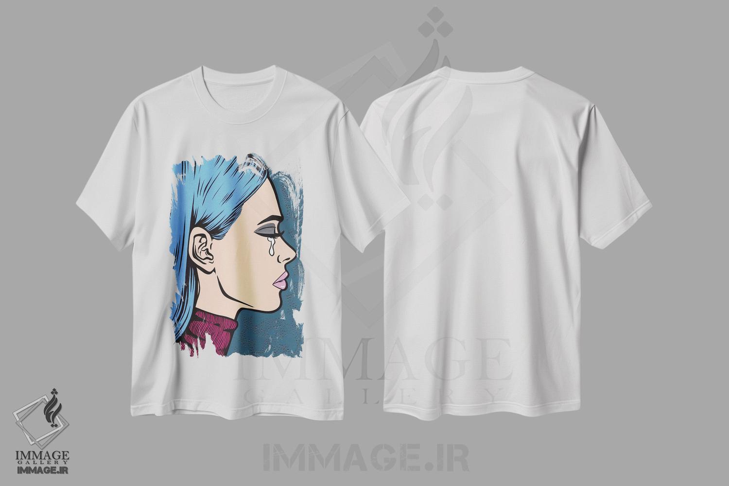 تیشرت طرح دار دختر غمگین با یقه اسکی آبی، هنر فاخر معاصر اثر آلیسون گاتچل | immage.ir