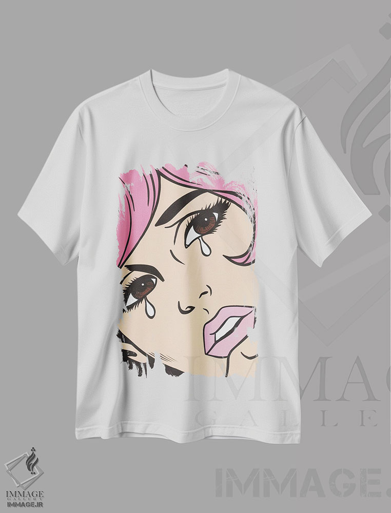 تیشرت طرح دار دختر کمیک گریان با موهای صورتی، هنر فاخر معاصر اثر آلیسون گاتچل | immage.ir