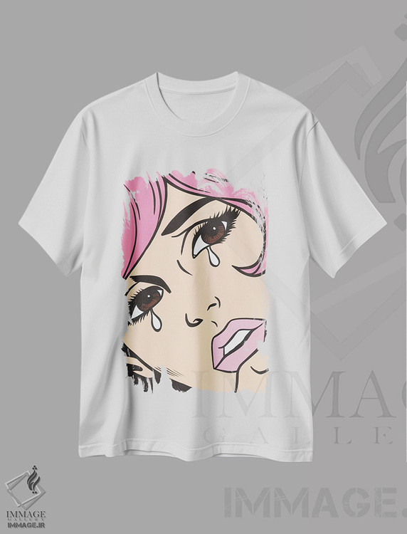 تیشرت طرح دار دختر کمیک گریان با موهای صورتی، هنر فاخر معاصر اثر آلیسون گاتچل | immage.ir