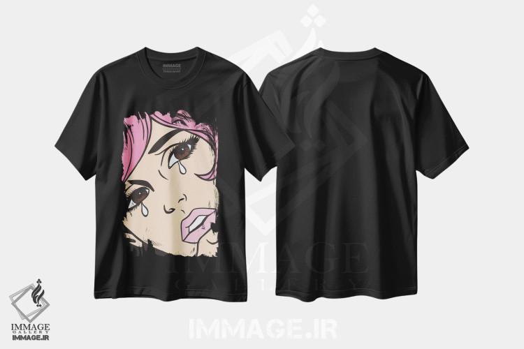 تیشرت طرح دار دختر کمیک گریان با موهای صورتی، هنر فاخر معاصر اثر آلیسون گاتچل | فروشگاه ایماژ