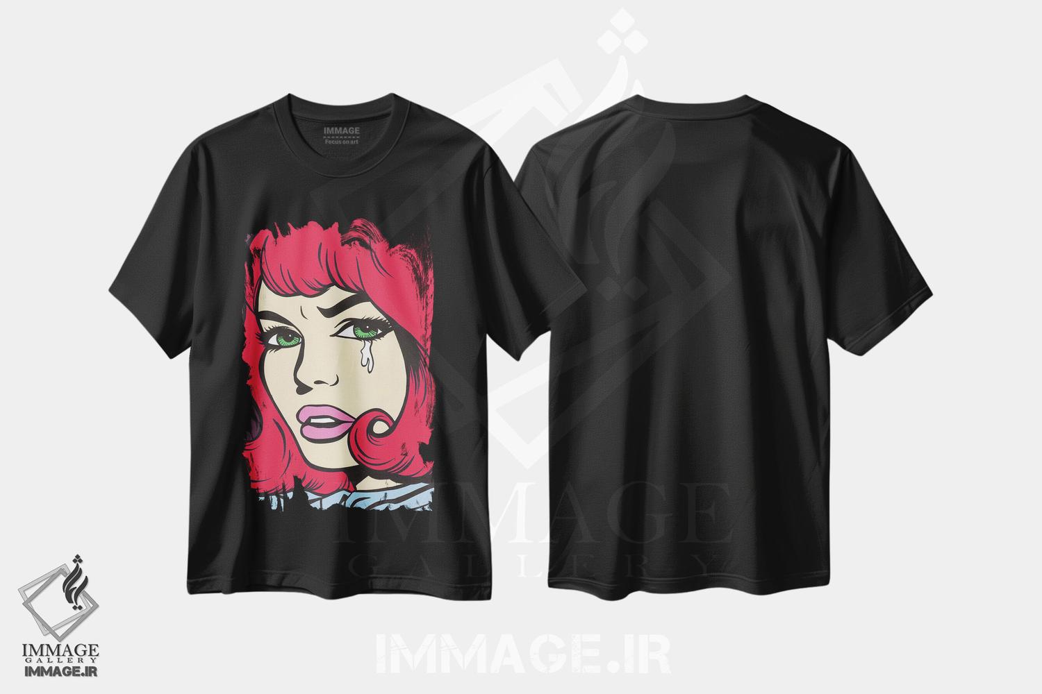 تیشرت طرح دار دختر کمیک گریان با موهای قرمز، هنر فاخر معاصر اثر آلیسون گاتچل | فروشگاه ایماژ