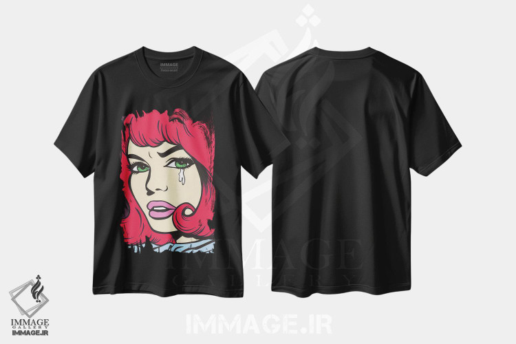 تیشرت طرح دار دختر کمیک گریان با موهای قرمز، هنر فاخر معاصر اثر آلیسون گاتچل | فروشگاه ایماژ