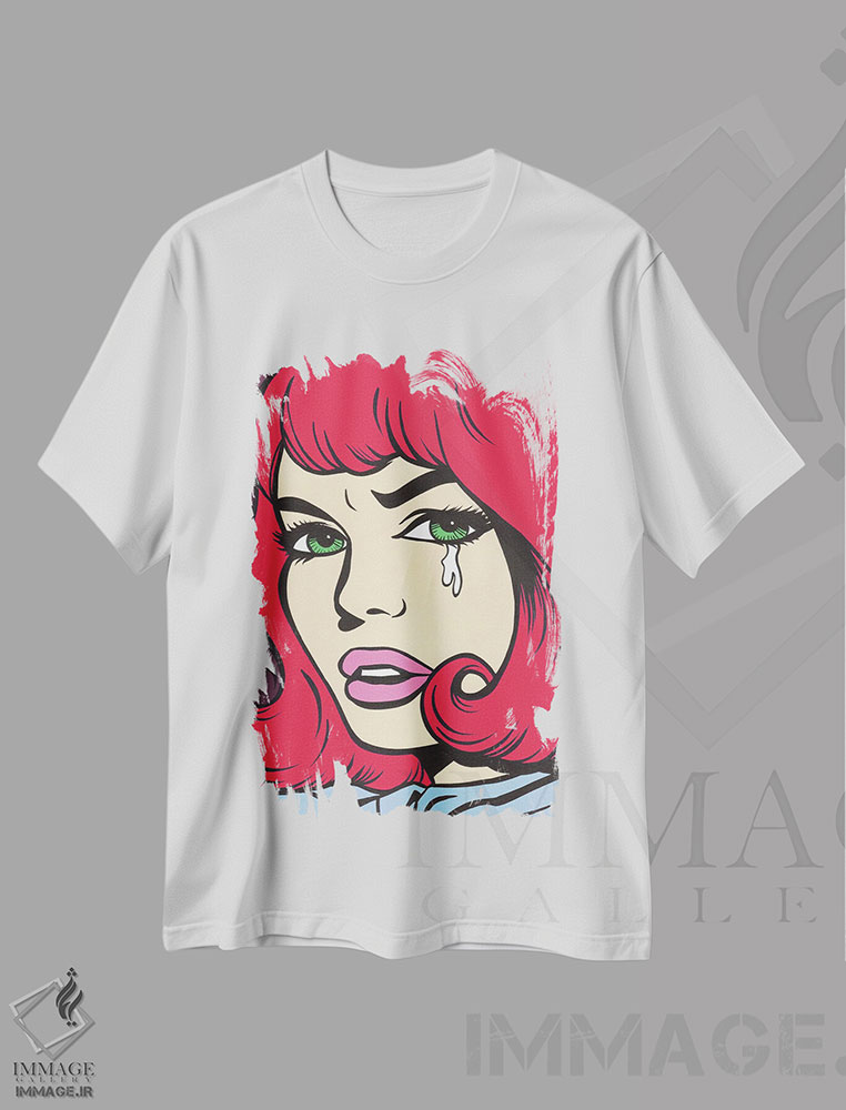 تیشرت طرح دار دختر کمیک گریان با موهای قرمز، هنر فاخر معاصر اثر آلیسون گاتچل | immage.ir