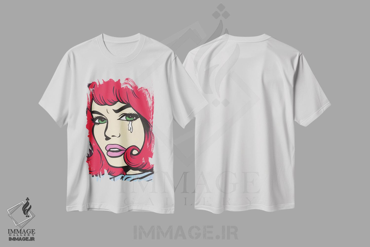 تیشرت طرح دار دختر کمیک گریان با موهای قرمز، هنر فاخر معاصر اثر آلیسون گاتچل | immage.ir