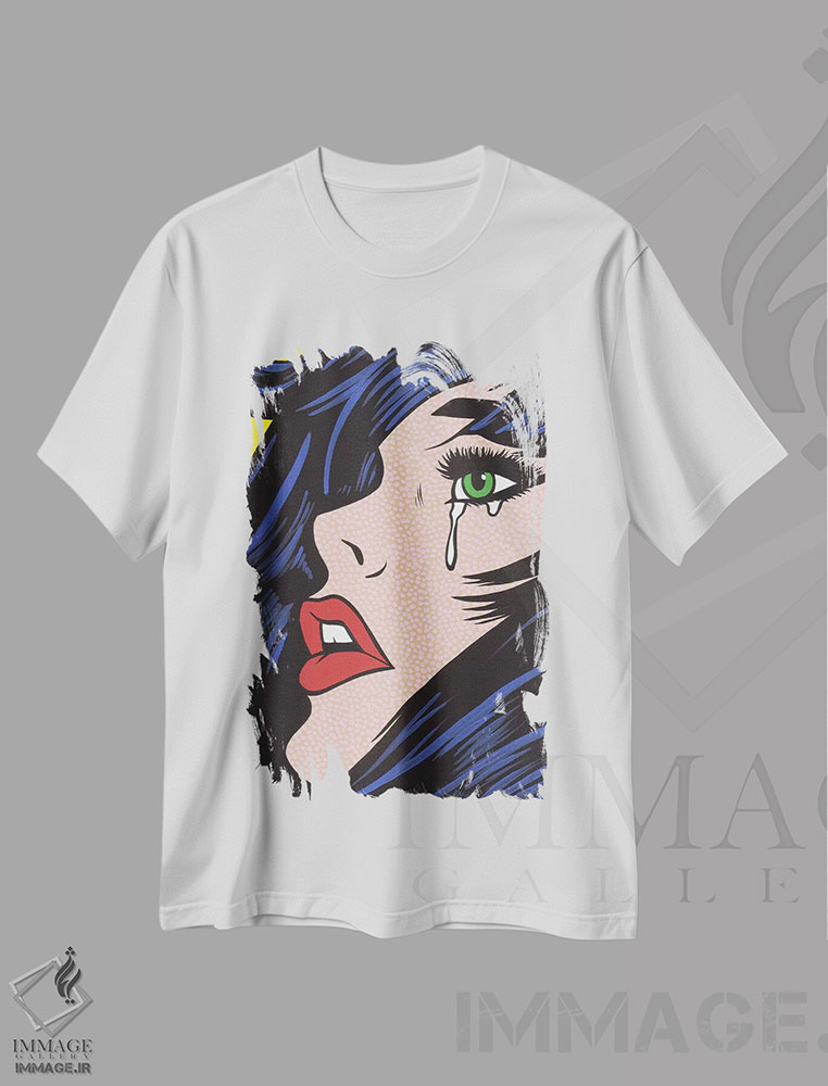 تیشرت طرح دار دختر گریان با چشم های سبز، هنر فاخر معاصر اثر آلیسون گاتچل | immage.ir