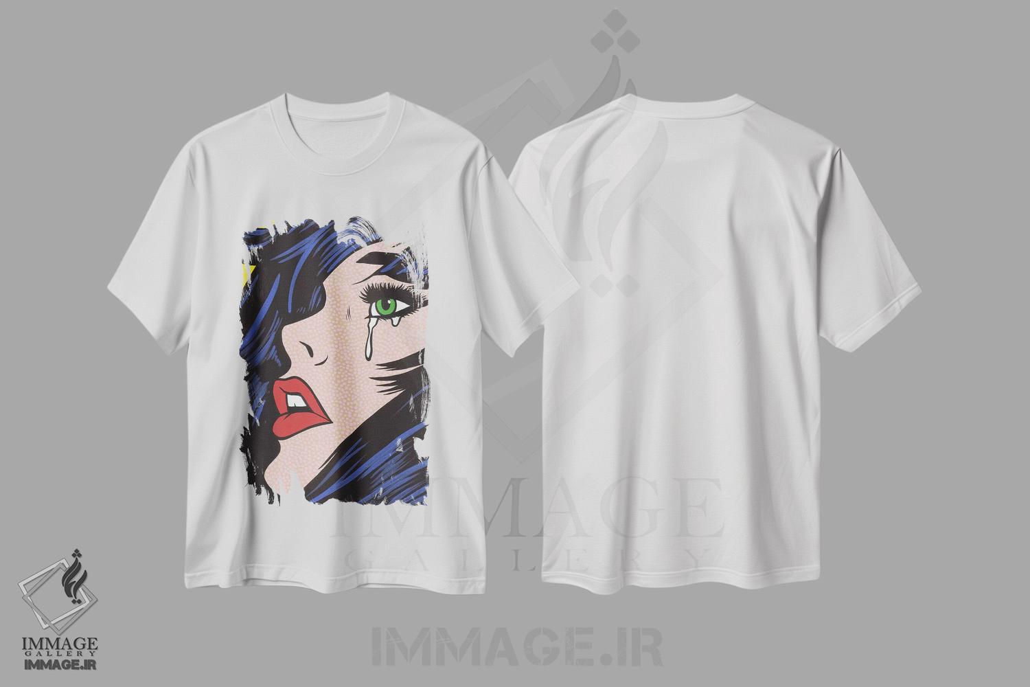 تیشرت طرح دار دختر گریان با چشم های سبز، هنر فاخر معاصر اثر آلیسون گاتچل | immage.ir