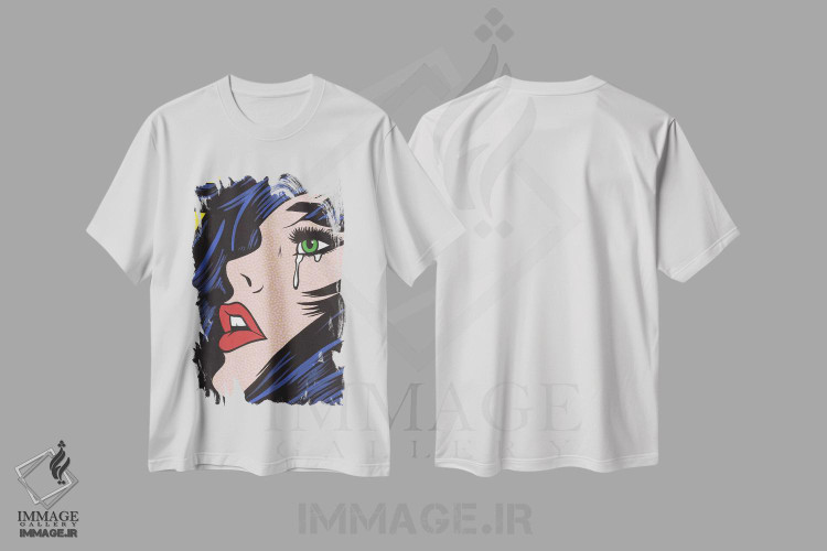 تیشرت طرح دار دختر گریان با چشم های سبز، هنر فاخر معاصر اثر آلیسون گاتچل | immage.ir