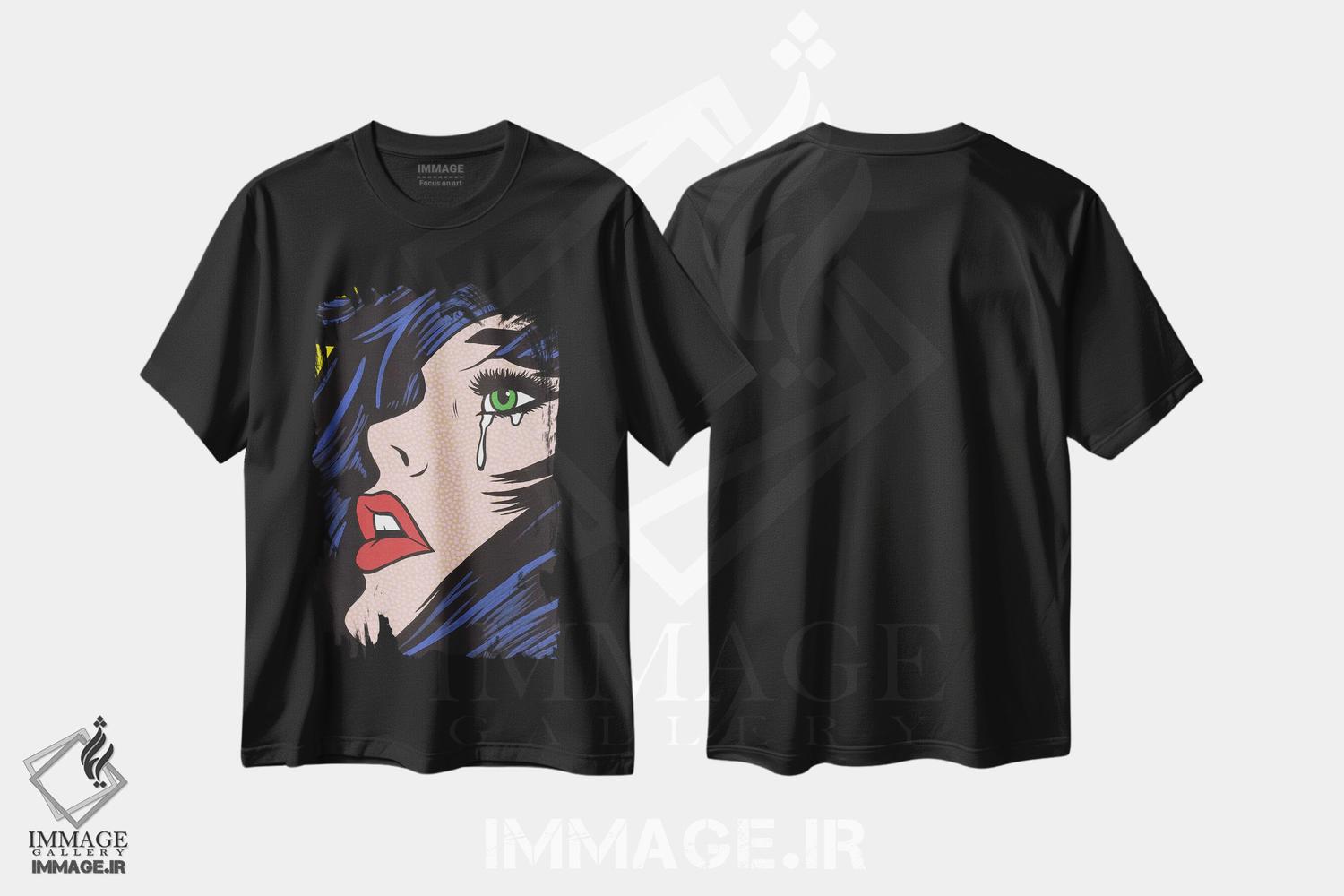 تیشرت طرح دار دختر گریان با چشم های سبز، هنر فاخر معاصر اثر آلیسون گاتچل | فروشگاه ایماژ